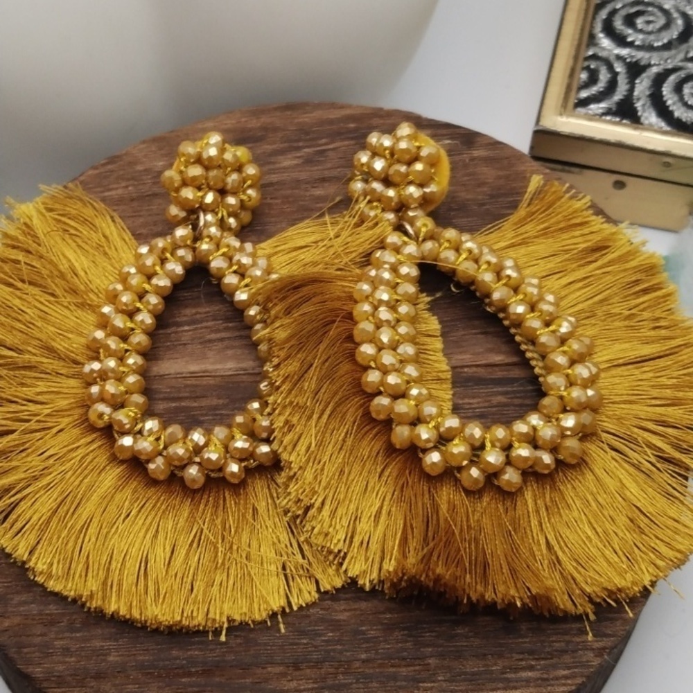 African festival mustard yellow bloom earrings tassel E2165